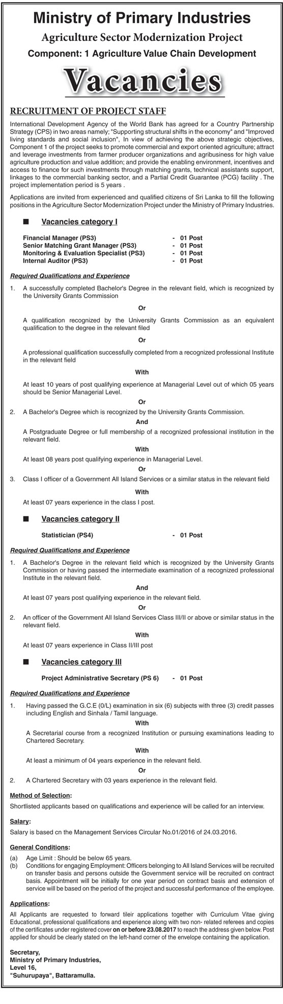 Finance Manager, Senior Matching Grant Manager, Monitoring Evaluation Specialist, Internal Auditor â€“ Ministry of Primary Industries